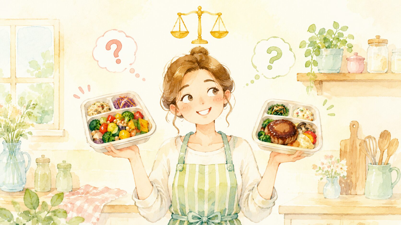 弁当を両手に悩むママのイラスト