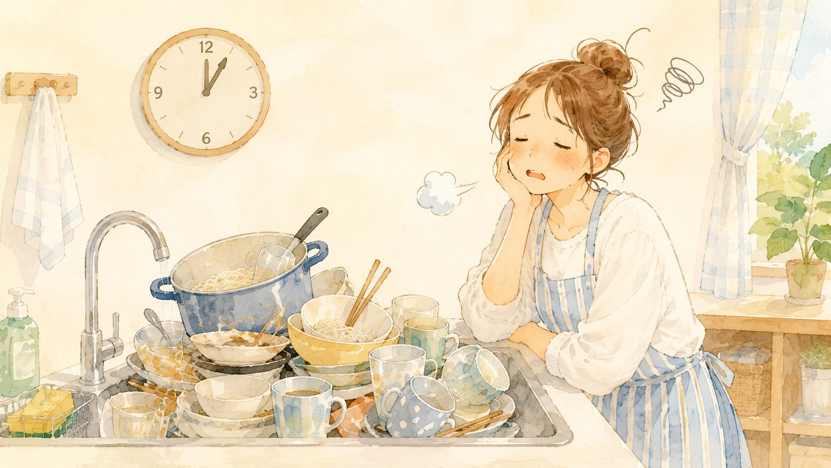 シンクに山盛りの洗い物とため息をつくママのイラスト