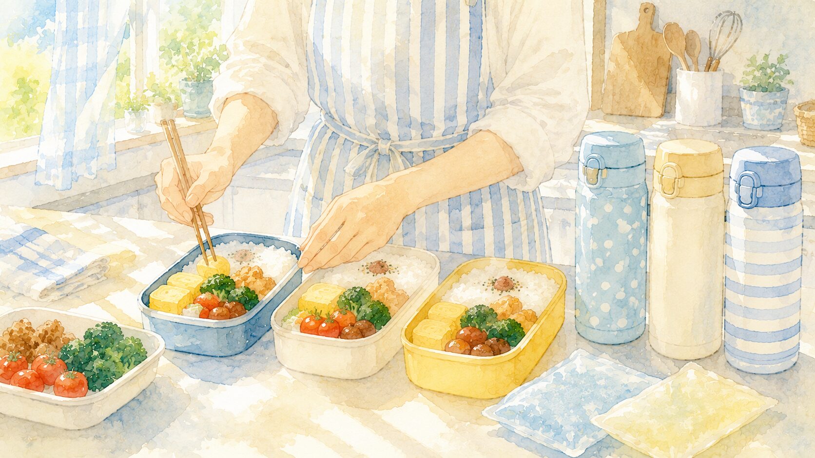朝のキッチンでお弁当を3つ詰めるママの手元のイラスト