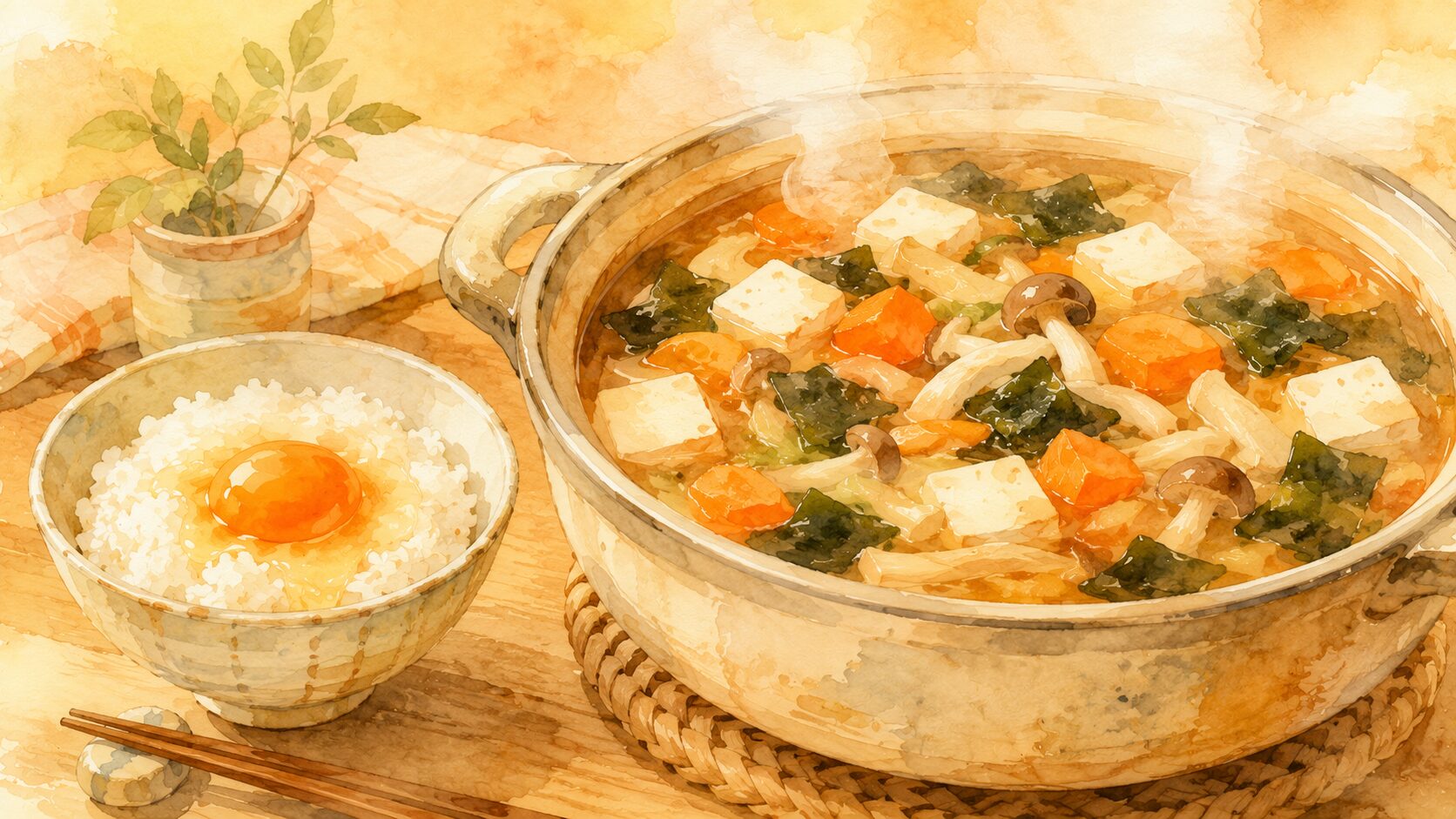 具だくさんみそ汁と卵かけご飯のイラスト