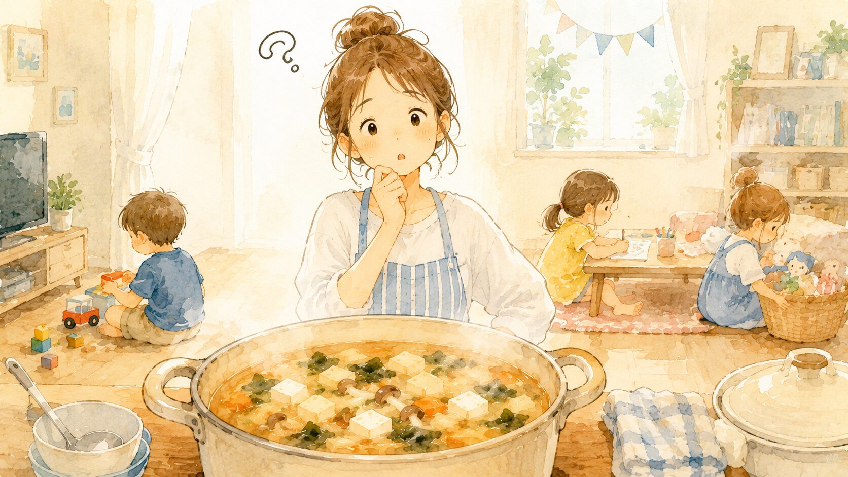 鍋いっぱいのみそ汁を前に立ち尽くすママのイラスト