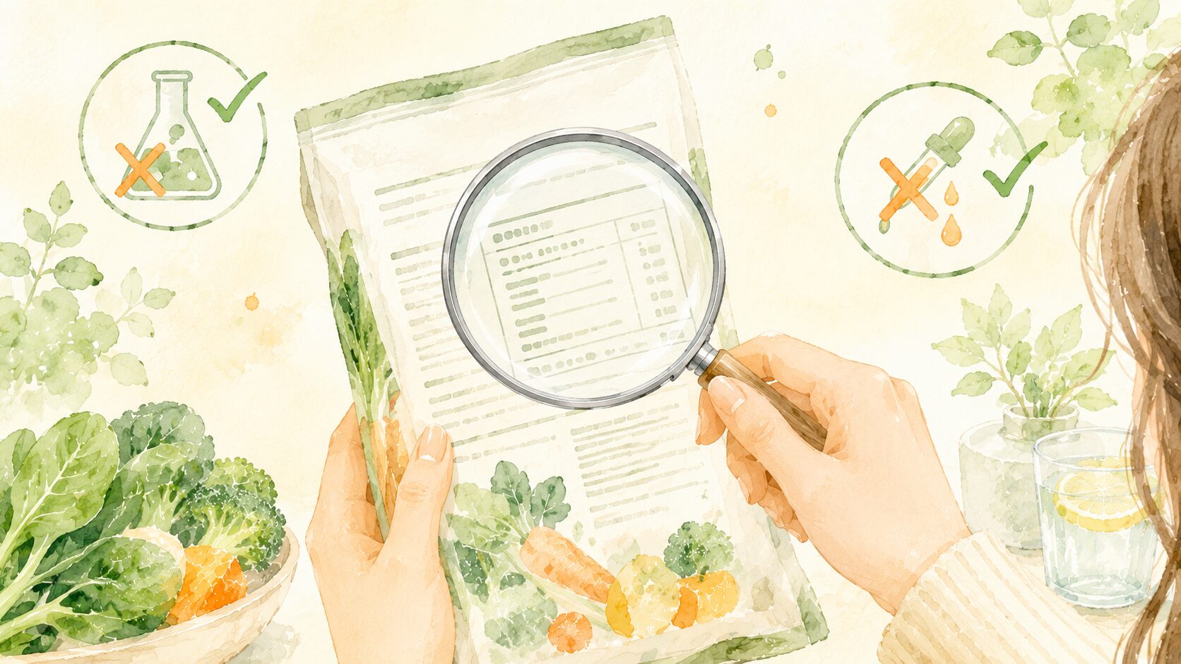 原材料表示をチェックするイラスト