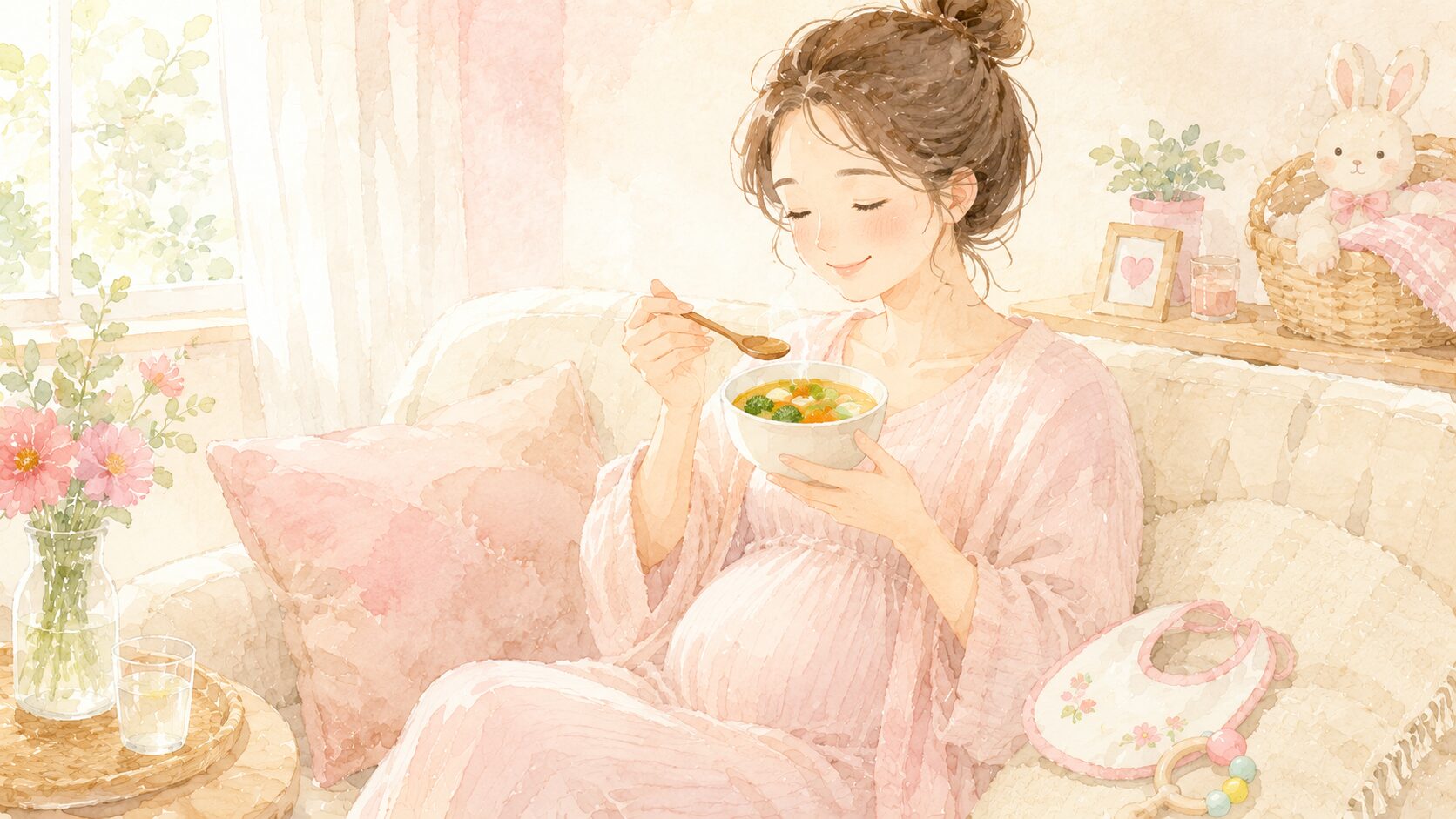 妊婦さんが野菜スープを食べるイラスト