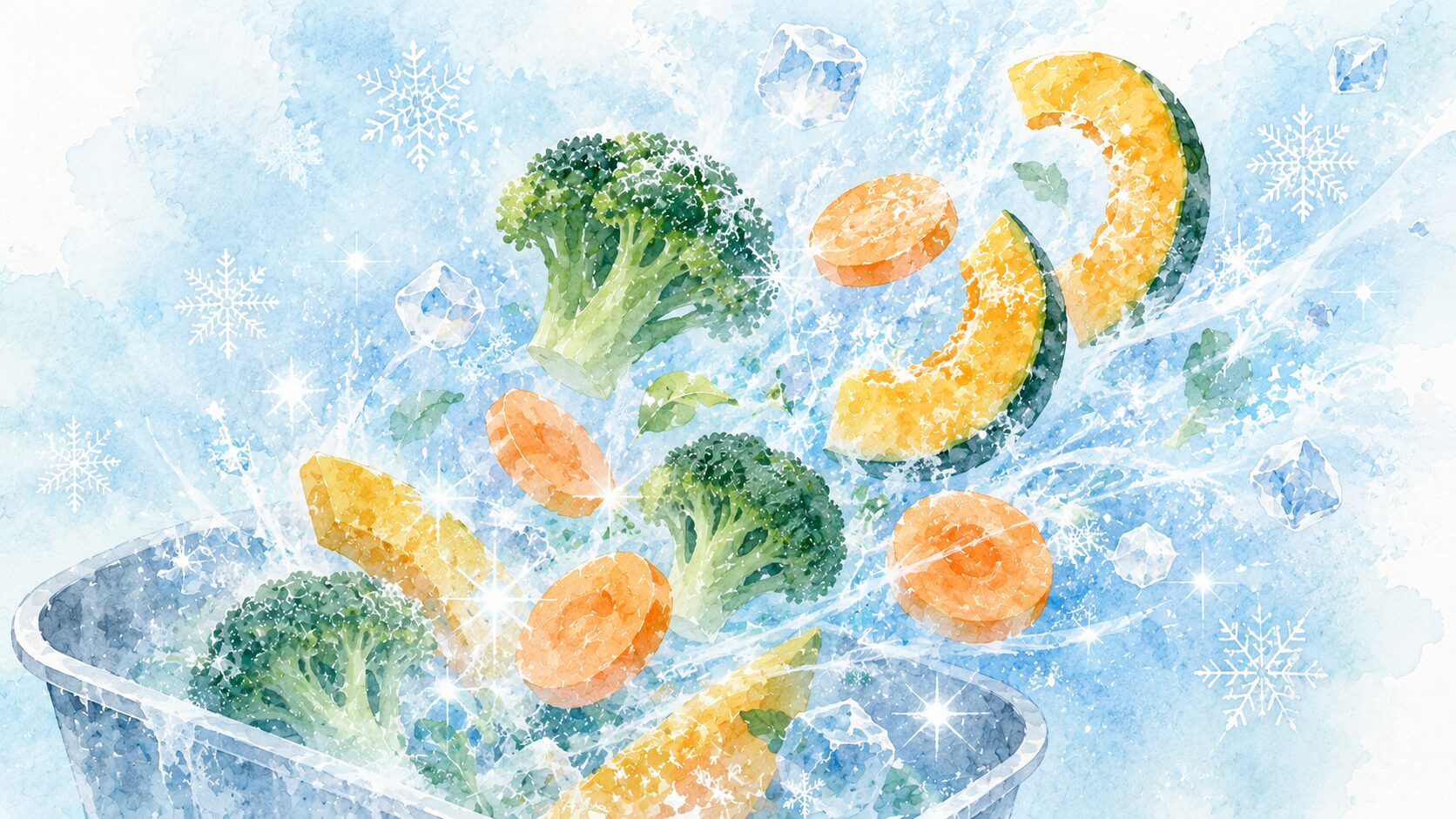 野菜が瞬間冷凍されるイメージイラスト