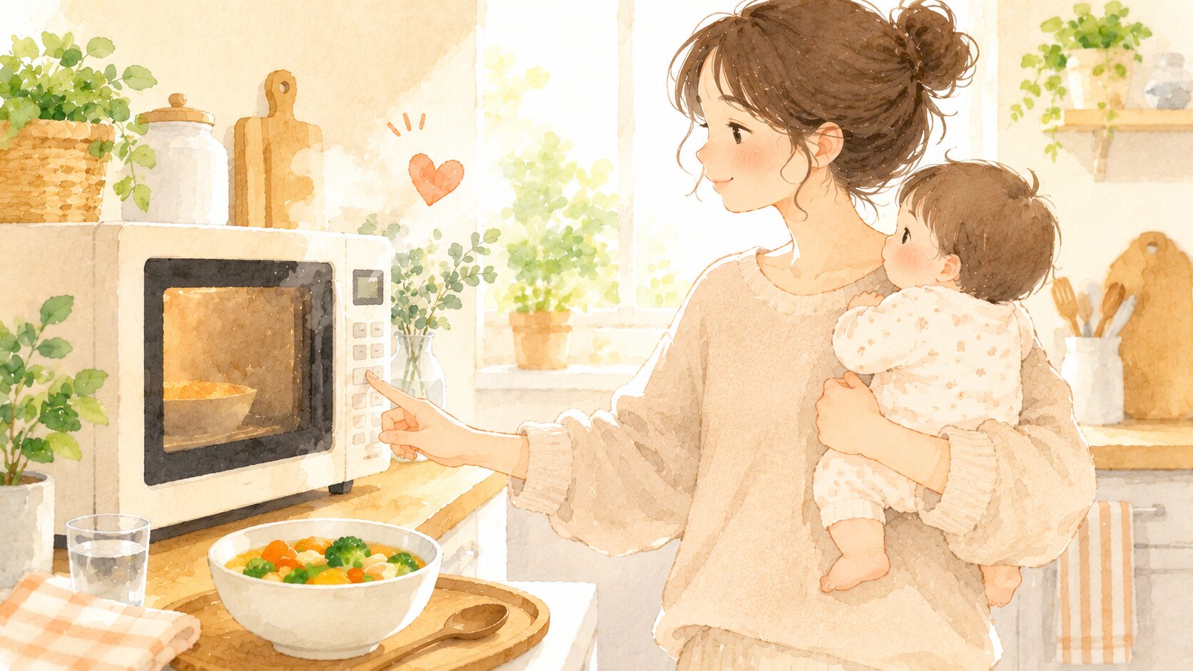 赤ちゃんを抱っこしながらレンジを使うママのイラスト